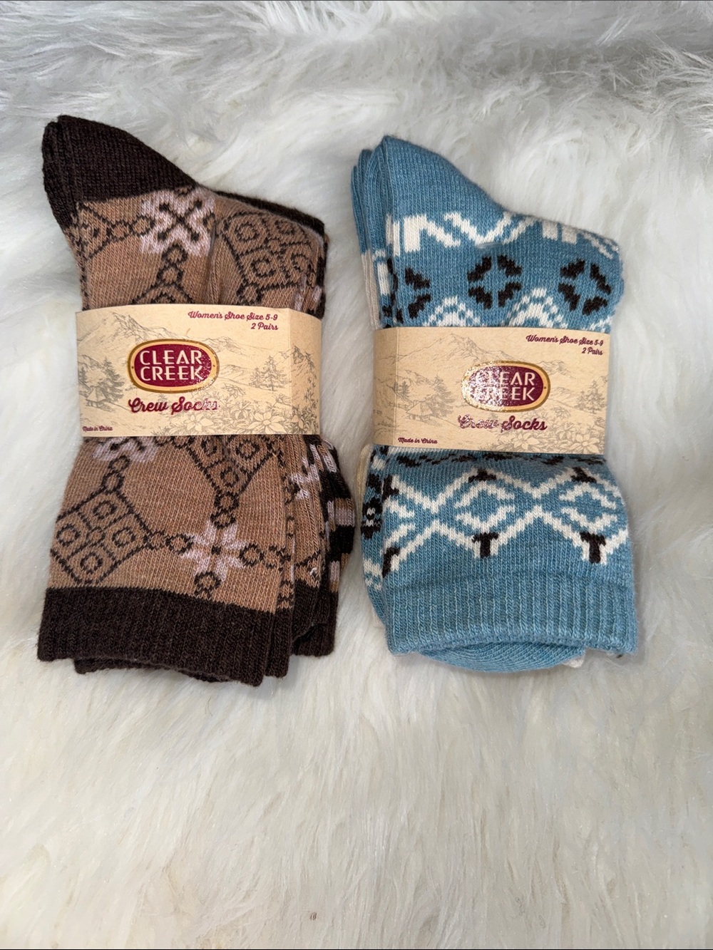 Women's Crew Socks - Brown & Blue Patterned